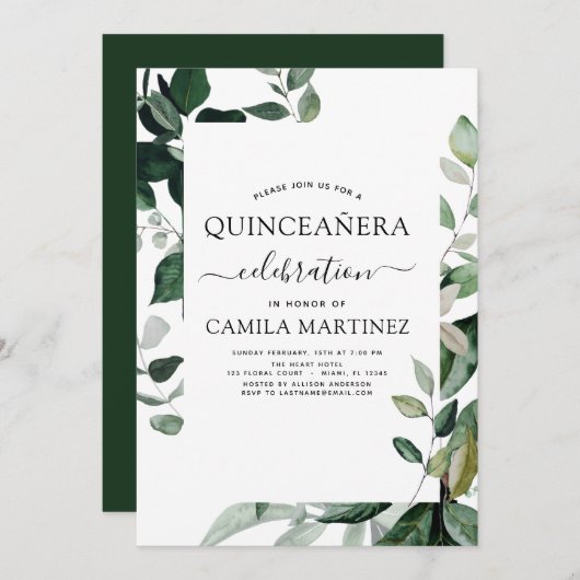 Quinceanera Frühling Botanische Grüne Einladung (Vorne/Hinten)