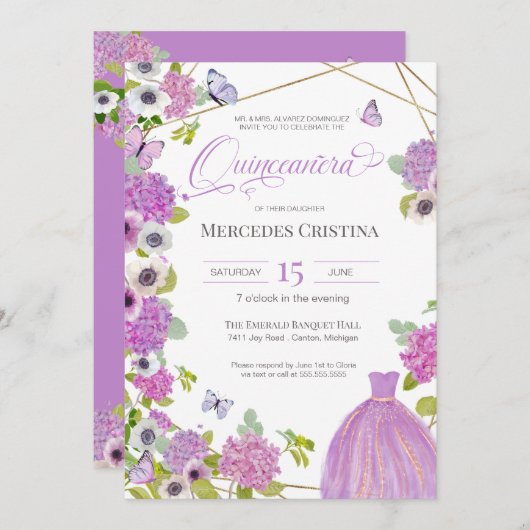 Quinceañera Frühlingsgarten Blumenschmetterling Pa Einladung (Vorne/Hinten)