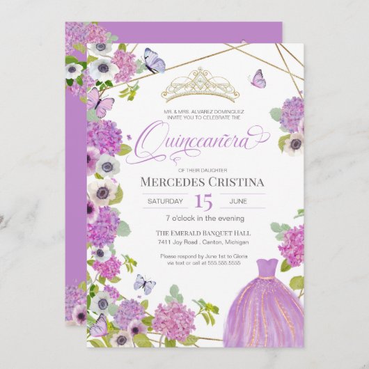 Quinceañera Frühlingsgarten Blumenschmetterling Ti Einladung (Vorne/Hinten)
