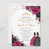 Quinceañera Fuchsia Black Floral Twins Gold Einladung (Vorderseite)