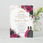 Quinceañera Fuchsia Black Floral Twins Gold Einladung (Stehend Vorderseite)