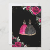 Quinceañera Fuchsia Black Floral Twins Gold Einladung (Rückseite)