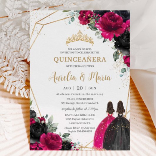 Quinceañera Fuchsia Black Floral Twins Gold Einladung