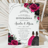 Quinceañera Fuchsia Black Floral Twins Silver Einladung