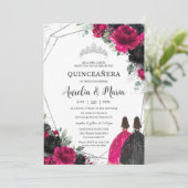 Quinceañera Fuchsia Black Floral Twins Silver Einladung (Stehend Vorderseite)