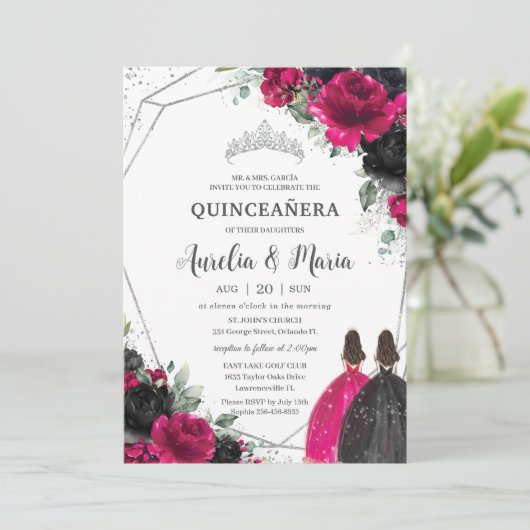 Quinceañera Fuchsia Black Floral Twins Silver Einladung (Stehend Vorderseite)