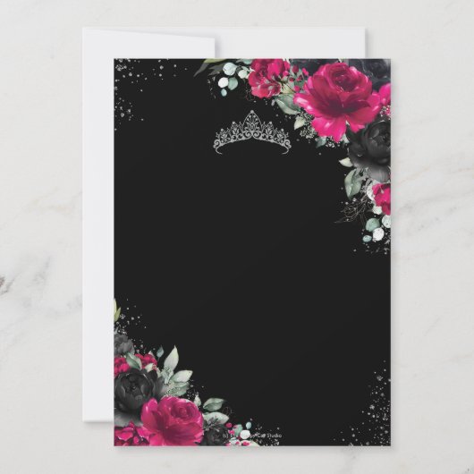 Quinceañera Fuchsia Black Floral Twins Silver Einladung (Rückseite)