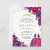 Quinceañera Fuchsia Dark Lila Floral Rose Twins Einladung (Vorderseite)