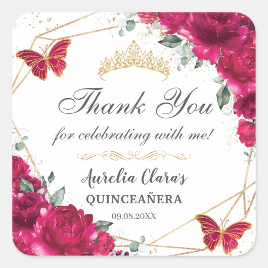 Quinceañera Fuchsia Hot Pink Floral Butterfliegen Quadratischer Aufkleber (Vorderseite)