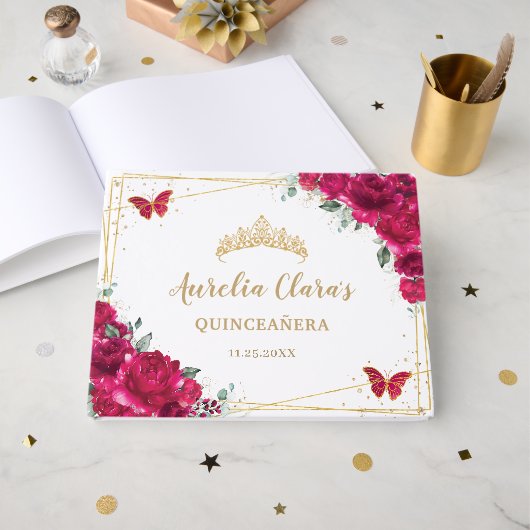 Quinceanera Fuchsia Hot Pink Floral Schmetterlinge Gästebuch (Vorderseite Offen)