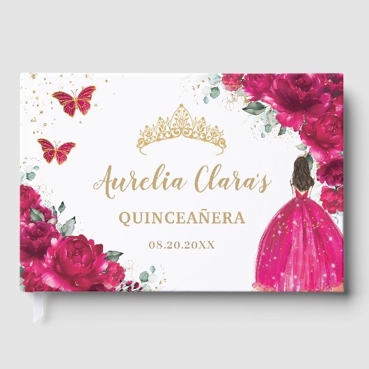 QUINCEAÑERA Fuchsia Pink Blume Princess Gästebuch (Vorderseite)