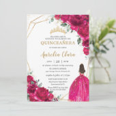 Quinceañera Fuchsia Pink Blumenprinzessin Gown Gol Einladung (Stehend Vorderseite)
