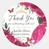 Quinceañera Fuchsia Pink Blumenprinzessin Gown Gol Runder Aufkleber (Vorderseite)