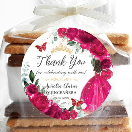 Quinceañera Fuchsia Pink Blumenprinzessin Gown Gol Runder Aufkleber