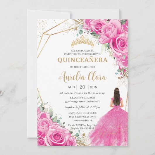 Quinceañera Fuchsia Pink Floral Princess Gold Einladung (Vorderseite)