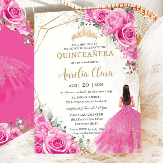 Quinceañera Fuchsia Pink Floral Princess Gold Einladung