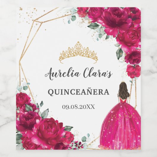 Quinceañera Fuchsia Pink Floral Princess Gown Gold Weinetikett (Einzelnes Label)