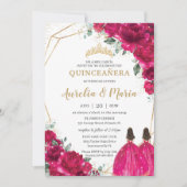 Quinceañera Fuchsia Pink Floral Twins Prinzessinne Einladung (Vorderseite)