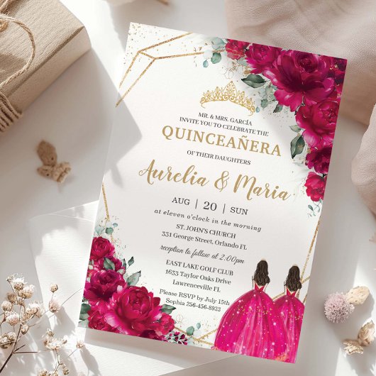 Quinceañera Fuchsia Pink Floral Twins Prinzessinne Einladung