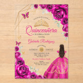 Quinceanera Fuchsia Pink Gold Dress Acryleinladungen (Vorderseite)
