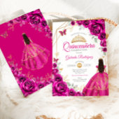 Quinceanera Fuchsia Pink Gold Dress Einladung