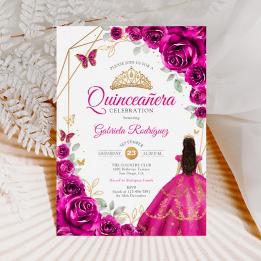 Quinceanera Fuchsia Pink Gold Dress Einladung