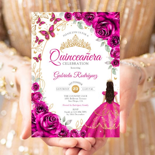Quinceanera Fuchsia Pink Gold Floral Einladung