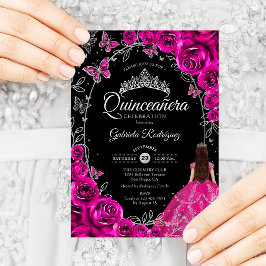 Quinceanera Fuchsia Pink Silver Black Einladung