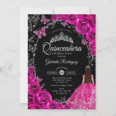 Quinceanera Fuchsia Pink Silver Black Einladung (Vorderseite)