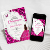 Quinceanera Fuchsia Pink Silver Dress Einladung