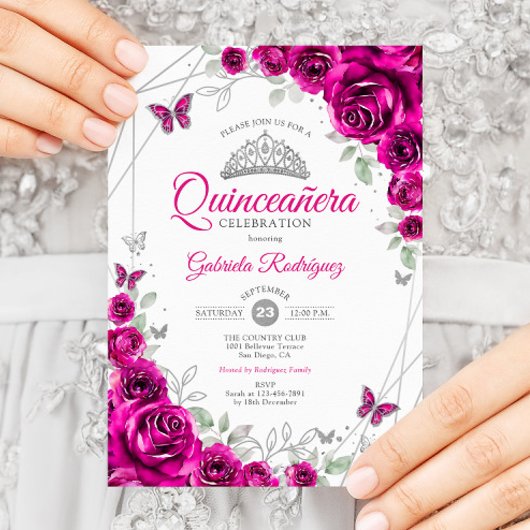 Quinceanera Fuchsia Pink Silver Floral Einladung