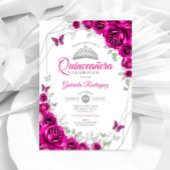 Quinceanera Fuchsia Pink Silver Floral Einladung