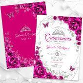 Quinceanera Fuchsia Pink Silver Floral Einladung