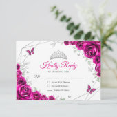 Quinceanera Fuchsia Pink Silver Floral Reply RSVP Karte (Stehend Vorderseite)
