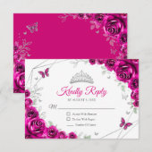 Quinceanera Fuchsia Pink Silver Floral Reply RSVP Karte (Vorne/Hinten)