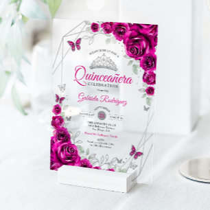 Quinceanera Fuchsienrosa Silber Blumen Acryleinladungen