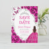 Quinceanera Fuchsienrosa Silber Blumen Save The Date (Stehend Vorderseite)