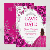 Quinceanera Fuchsienrosa Silber Blumen Save The Date (Vorne/Hinten)