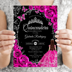 Quinceanera Fuchsienrosa Silber Schwarz Einladung