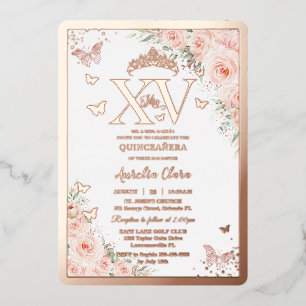 Quinceañera Fünfzehn 15 XV Rosafarben Floral Rosen Folieneinladung