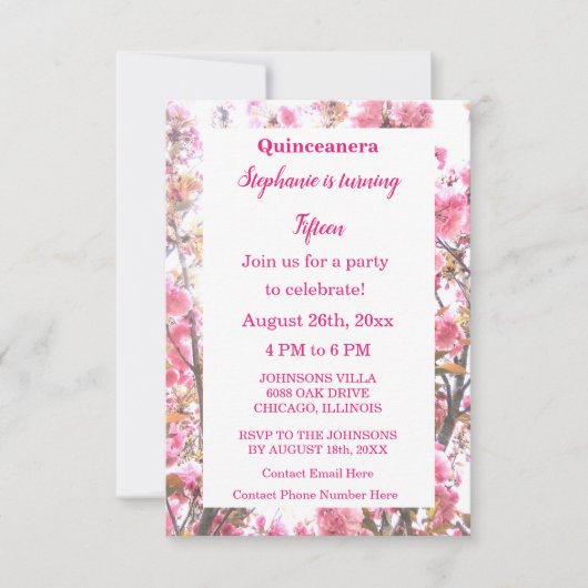 Quinceanera Fünfzehnte Geburtstag Pink Cherry Flor Einladung (Vorderseite)