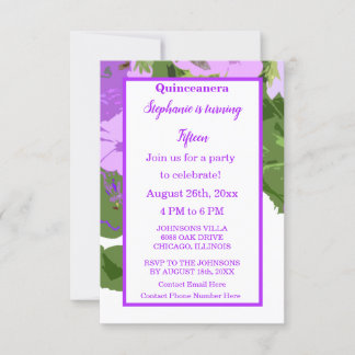Quinceanera Fünfzehnte Geburtstagsfeier Lila Blüte Einladung