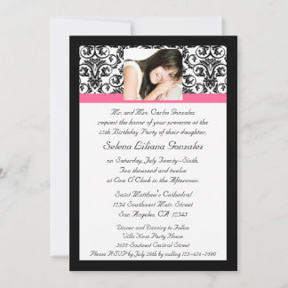 Quinceanera Fushcia Damask Pink und Schwarz Einladung