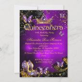 Quinceanera Geburtstag lila Gold Black Butterfly Einladung (Vorderseite)