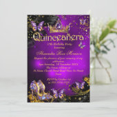 Quinceanera Geburtstag lila Gold Black Butterfly Einladung (Stehend Vorderseite)