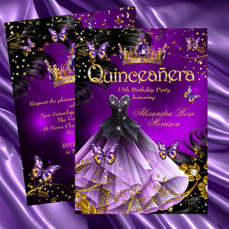 Quinceanera Geburtstag lila Gold Dress Butterfly Einladung