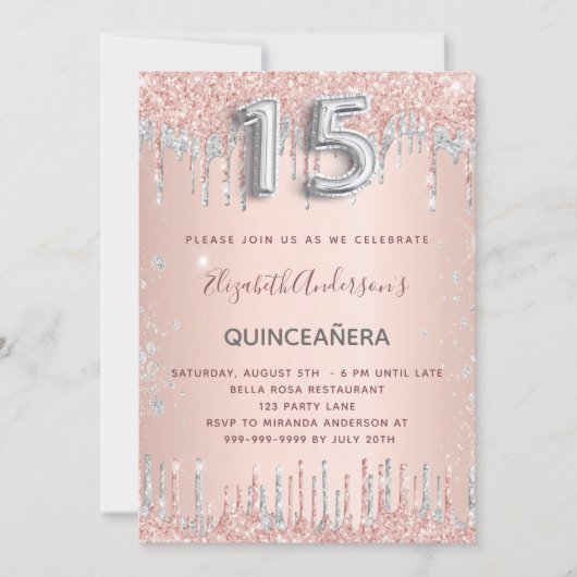 Quinceanera Geburtstag Rose Gold Silber Glitzer Einladung (Vorderseite)