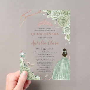 Quinceañera Geburtstag Sage Grün Floral Rose Gold Acryleinladungen