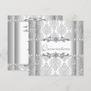 Quinceañera Geburtstag Silber Weiße Perlen Spitze Einladung