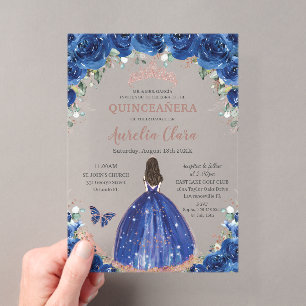 Quinceañera-Geburtstags-Royal-Blue-Blumen-Prinzess Acryleinladungen